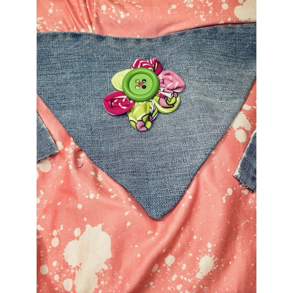 Pet Bandana Distressed Blue Jean Scarf with Lime & Pink Ribbon Flower Accent SzS